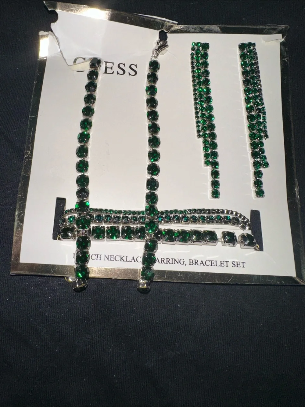 GUESS Green Crystal Bracelet, Necklace & Drop Earrings Set